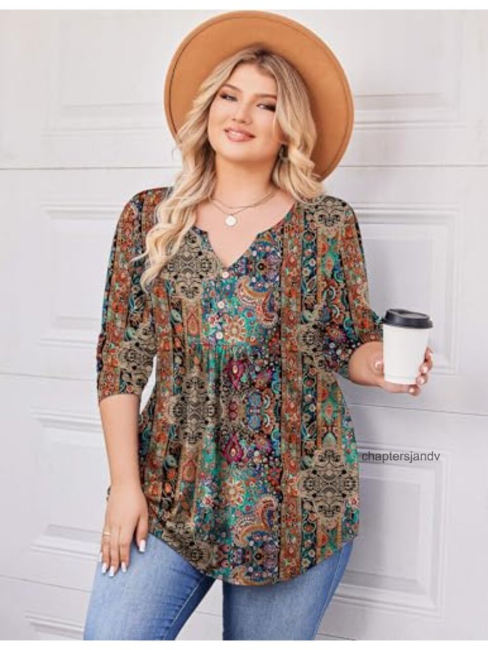 Plus Size Long Sleeve V-Neck Tunic Top with Pleated Chest - Picture 2 of 6